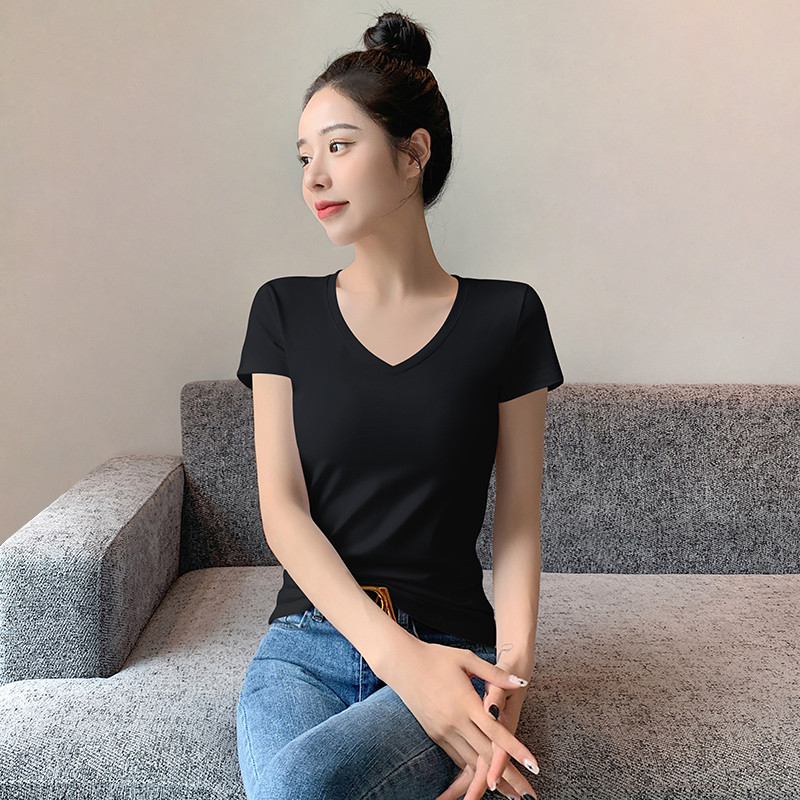 新品白色v领短袖t恤女夏季2025新款纯棉体恤修身显瘦百搭打底内搭