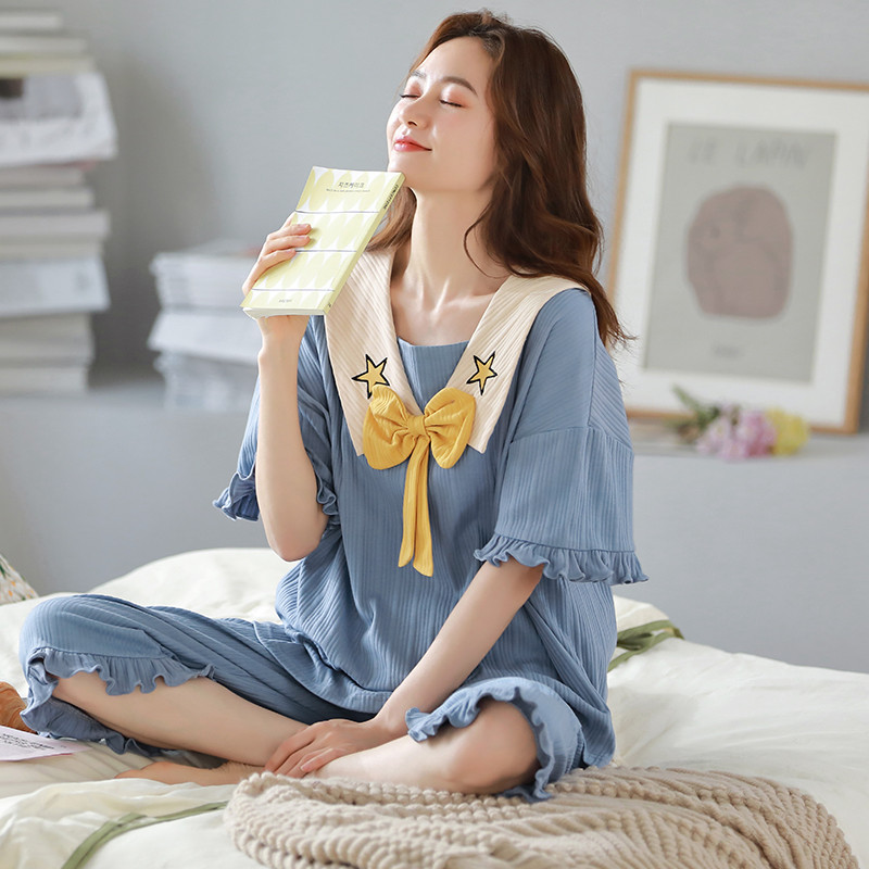 新品夏季短袖睡衣套装大码家居服女七分裤甜美卡通公主风可外穿薄