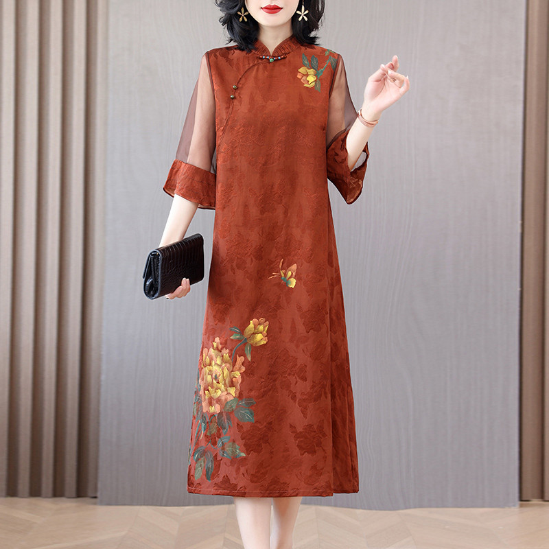 高货速发中式国风改良旗袍高端年轻喜婆婆婚宴装妈妈礼服红云纱连