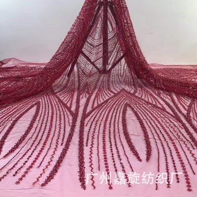 新款大花型几何线条珠管绣舞台时装表演服面料French Lace JX3989