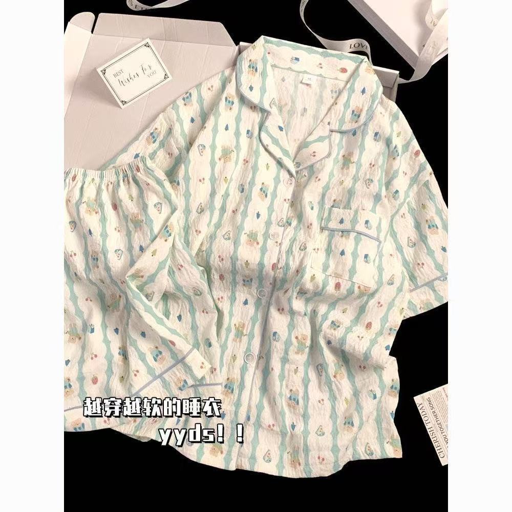 蓝色小熊睡衣女士短袖夏季云朵棉纱布卡通可爱外穿套装家居服套装
