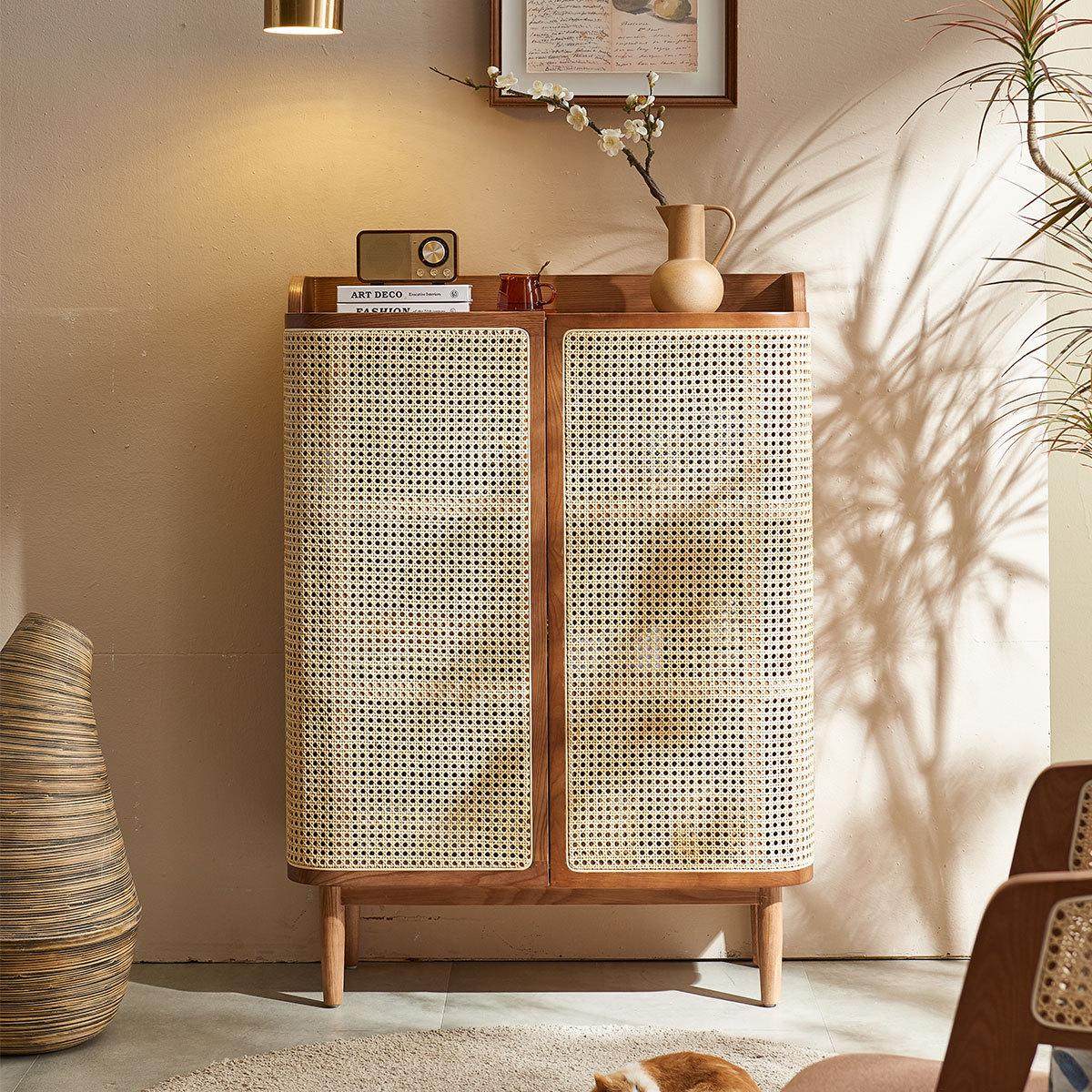 北欧实木鞋柜收纳柜日式藤编储物柜中古鞋柜新款2025爆款家用门口,住宅家具,鞋柜,淘宝优惠券,粉丝福利购,淘宝优惠卷