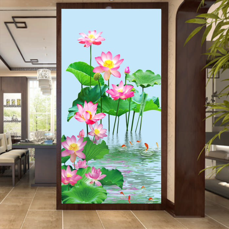 荷花图荷花墙贴图新中式入户玄关装饰画入门走廊过道招财聚财壁画图片