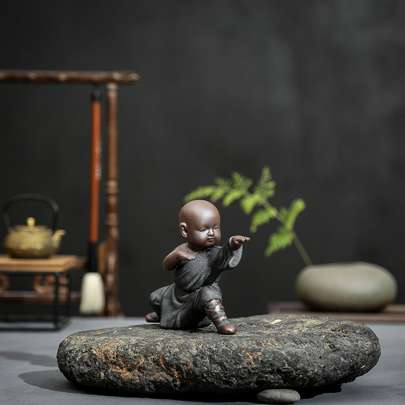 家居大号功夫小子黑金砂茶具配件精品小和尚茶宠摆件客厅装饰品