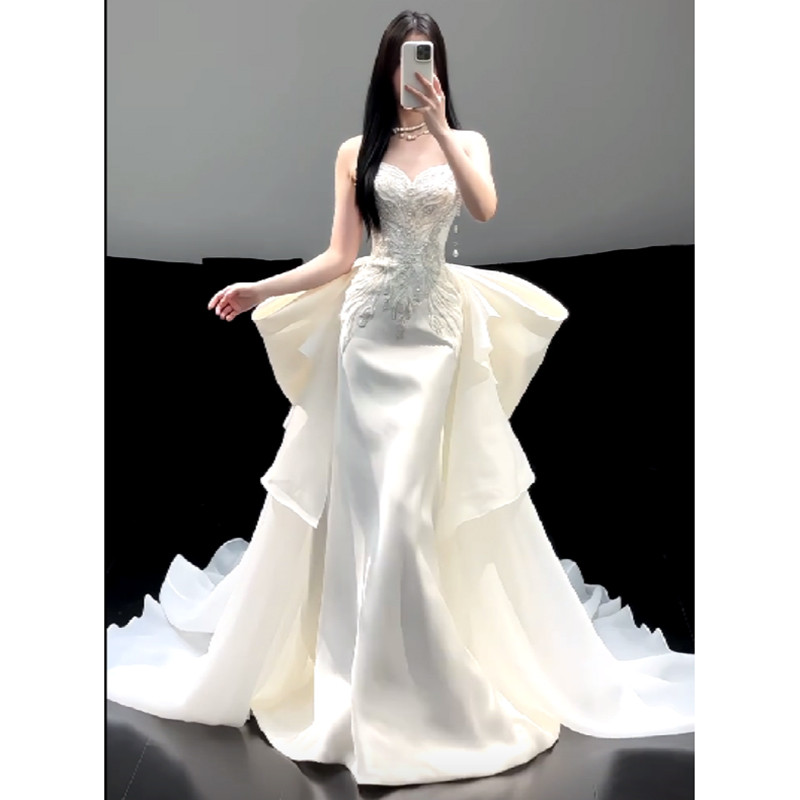 轻奢高货白色抹胸鱼尾晚礼服裙女高级感新娘晨袍订婚迎宾敬酒服绝