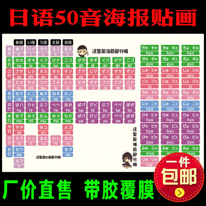 日语五十音海报挂画图表 日语初学坳浊音假名自学50音图防水贴纸