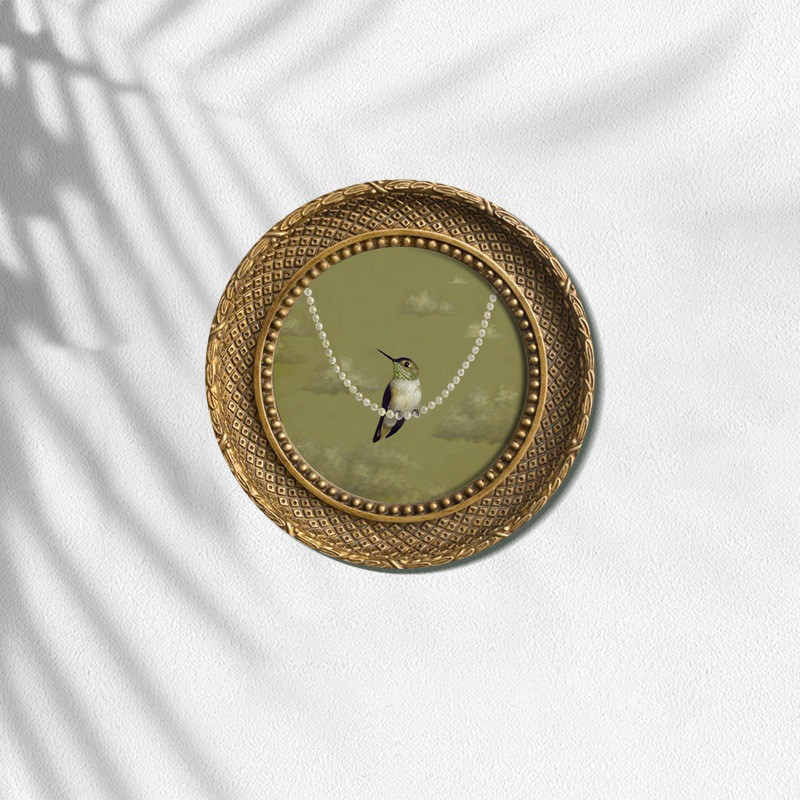 复古小众挂画美式艺术壁画法式西餐厅装饰画卧室壁画蜂鸟圆形墙画