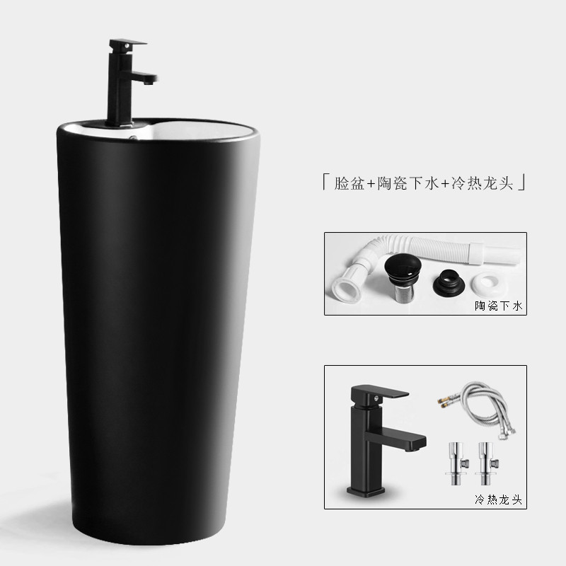 简约立式立柱盆卫生间洗手池一体落地式阳台圆形陶瓷黑色脸盆个性