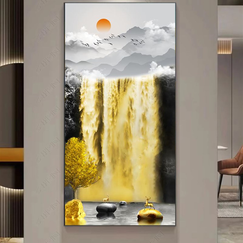 瀑布山水麋鹿九鱼装饰框画铝合金框平面晶瓷挂画轻奢玄关客厅山水图片
