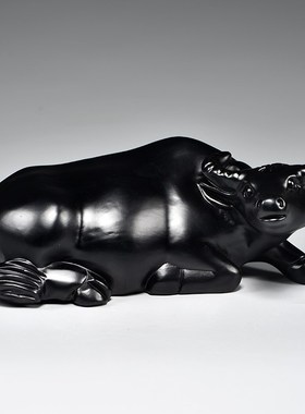 黑牛摆件实木雕刻十二生肖黑色卧牛水牛客厅电视柜补角装饰工艺品