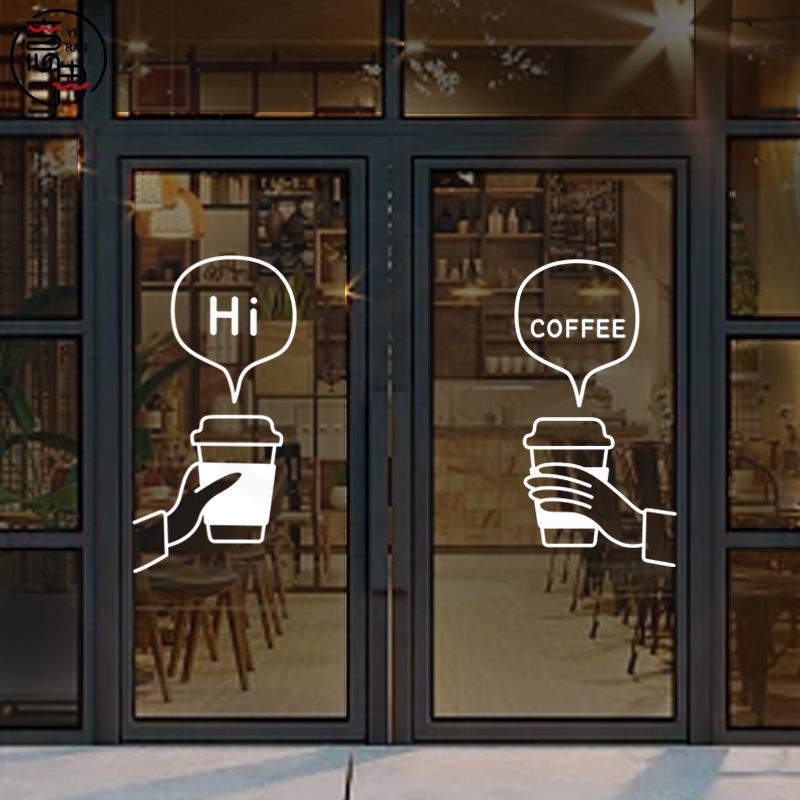 创意网红咖啡店奶茶店铺商铺橱窗玻璃门贴纸装饰艺术高级感贴画