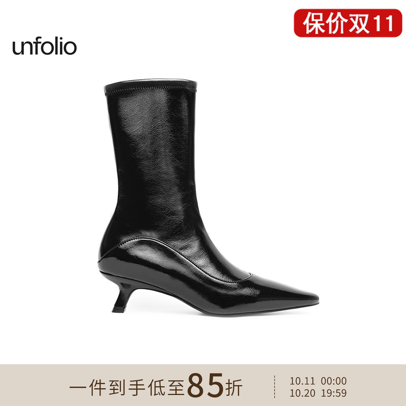 unfolio经典尖头中跟弹力踝靴小猫跟短靴一脚蹬靴子百搭