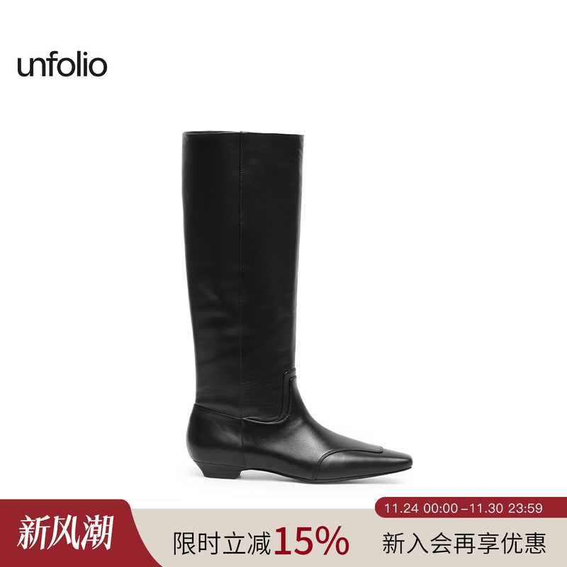 unfolio经典小方头平底及膝靴尖头长靴宽口中筒靴女