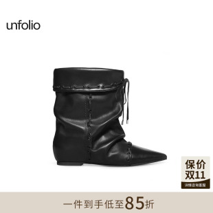 unfolio游牧风尖头堆叠感短靴系带踝靴堆堆靴子女