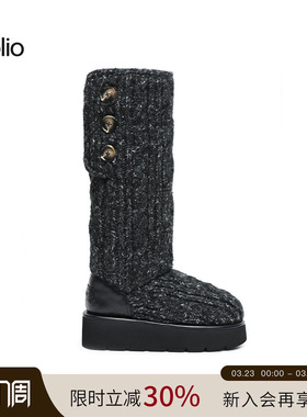 unfolio经典针织羊毛长筒雪地靴防滑保暖厚底棉鞋长靴