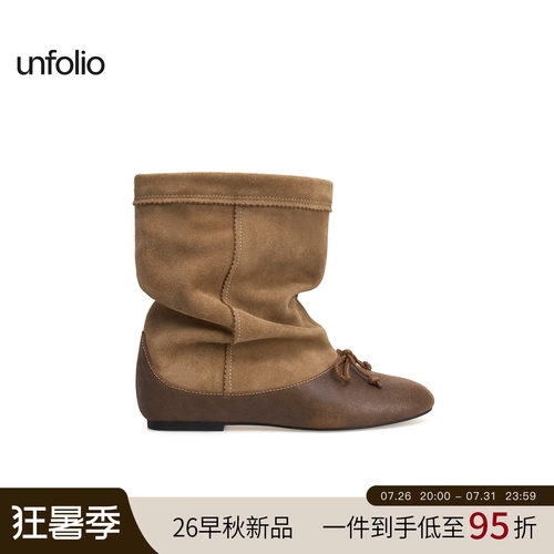 unfolio26PF新款经典拼接堆堆靴芭蕾踝靴翻边蝴蝶结短靴子女