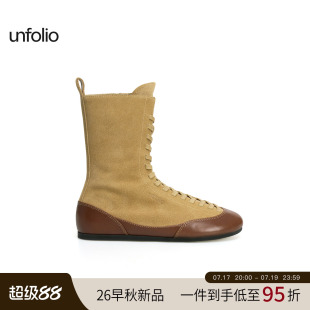 unfolio26PF新款平底系带时尚短靴拼接复古拉链圆头靴子女