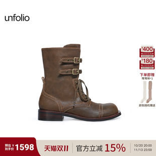 【刘浩存同款】unfolio Eloise金属搭扣短靴双扣带短筒系带靴子女