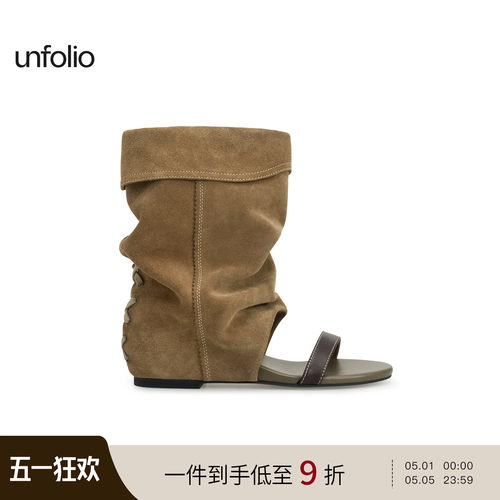 unfolio26SS经典游牧风一字带露趾中筒褶皱堆堆凉靴子夏季女款 - 封面