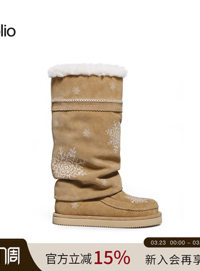 unfolio2025秋冬新款加绒含羊毛高筒厚底雪花刺绣雪地靴子女