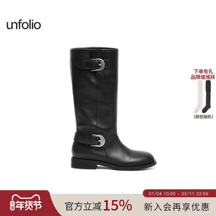 unfolio2025款金属搭扣长筒堆堆靴复古圆头长筒靴骑士靴子女