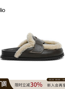 unfolio经典拼接羊毛穆勒鞋厚底防滑毛毛拖鞋一脚蹬懒人拖