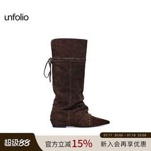 unfolio可折叠复古两穿高筒长靴尖头靴及膝褶皱堆堆靴子女
