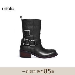 unfolio2025新款金属搭扣踝靴厚底粗跟圆头短靴经典靴子女