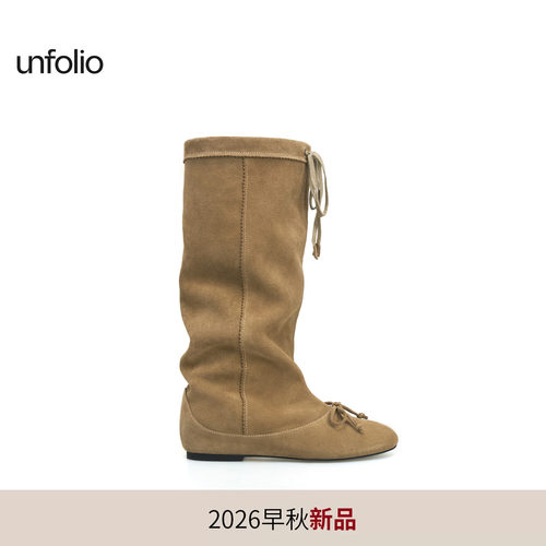 unfolio26PF新款堆叠翻边蝴蝶结芭蕾靴堆堆及膝平底长靴子女