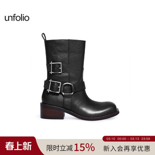 unfolio2025新款金属搭扣踝靴厚底粗跟圆头短靴经典靴子女
