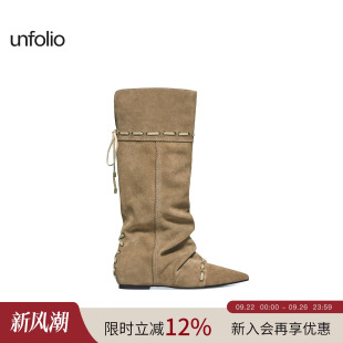董生活同款 及膝靴可折叠两穿尖头长靴褶皱堆堆靴子 unfolio25新款
