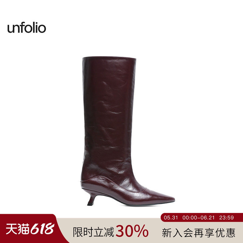 unfolio经典尖头高跟长靴中跟及膝靴阔筒靴子女百搭