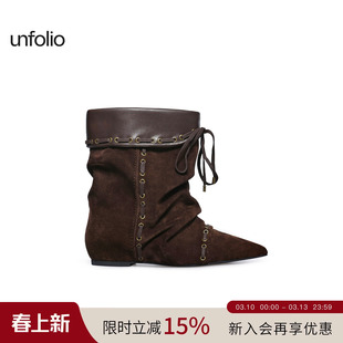 unfolio25新款游牧风尖头堆叠感短靴系带踝靴堆堆靴子女