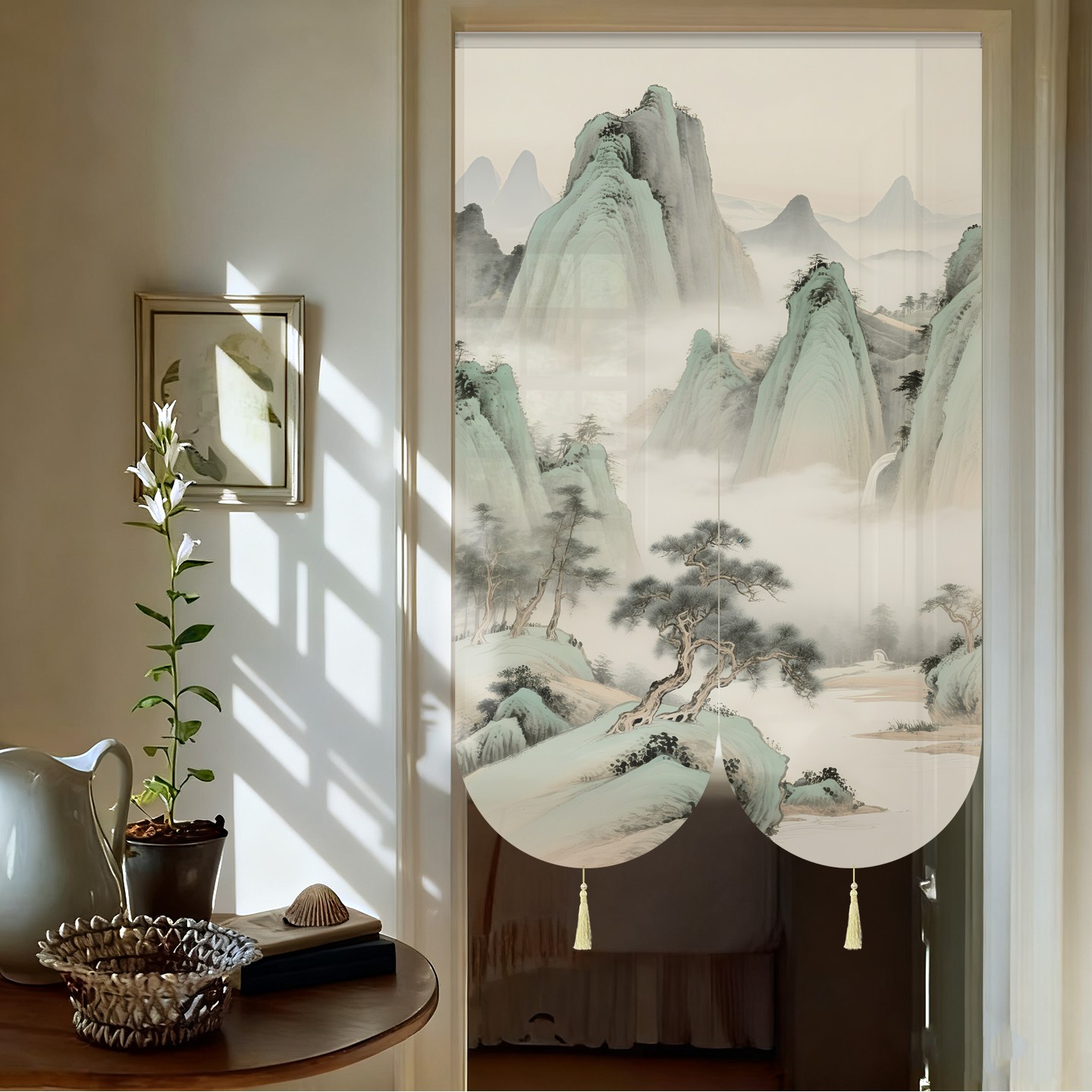 新款高档超好看中式门帘风水隔断遮挡卧室客厅厕所免打孔伸缩杆