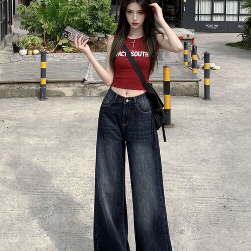 复古做旧高腰显瘦阔腿牛仔裤女