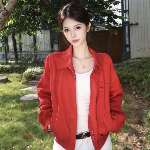 通勤红色翻领宽松棒球短外套女