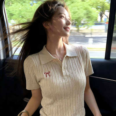 法式Polo翻领麻花针织短