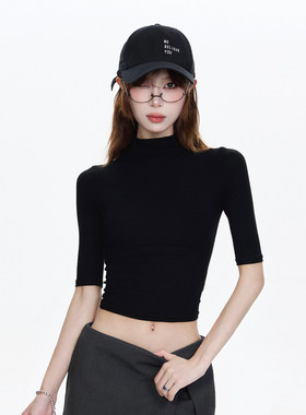 黑色辣妹风半高领针织T恤女2025夏季半袖收腰显瘦内搭打底上衣