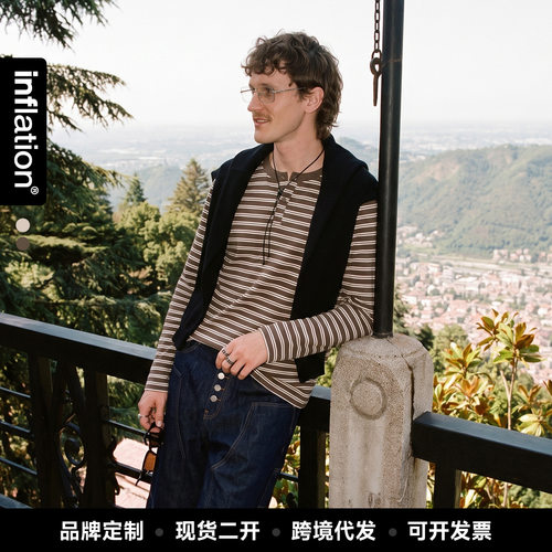 inflation男装|条纹亨利领老钱T恤男秋季日系复古撞色休闲长袖衫