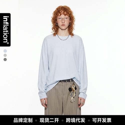 inflation男装|宽松细条纹圆领长袖秋季中性休闲垂感慵懒T恤罩衫