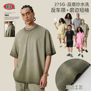 T恤男 BE男装 2025夏季 美式 潮流高品质体恤反底炒磨边落肩圆领短袖
