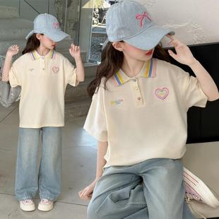 女孩宽松休闲儿童POLO衫 商城同款 夏2025新款 女童短袖 牛仔 T恤套装