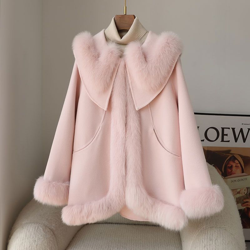 秋冬新款海军领甜美短款狐狸毛羊毛皮草外套双面呢羊绒大衣毛呢