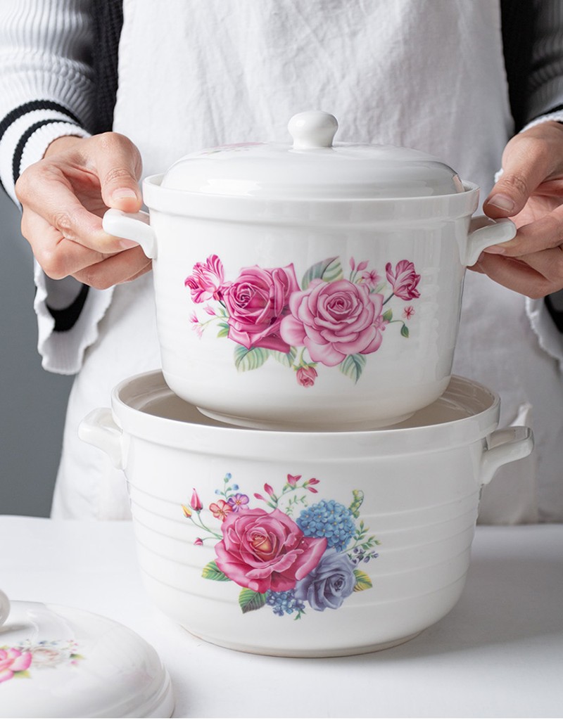 新品大号陶瓷碗双耳带盖装油罐汤碗猪油瓶厨房S微波炉储物罐包邮