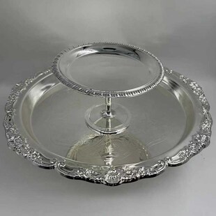 高级牛排盘复古镀银餐具惠灵顿餐盘牛F扒圆形平盘托盘不锈钢海鲜