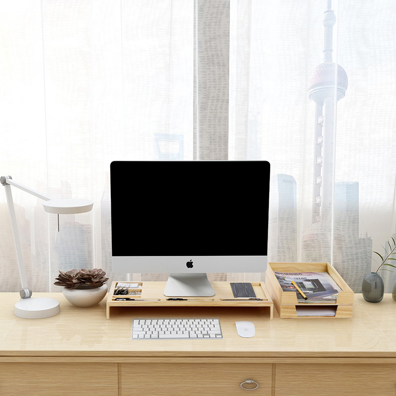 实木笔记本电脑显示器增高支架键盘收纳I托架多功能桌面收纳盒底