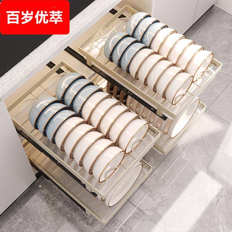 沥水碗碟架厨房收纳架整体橱柜内置抽屉式碗盘置物架免打孔抽拉篮