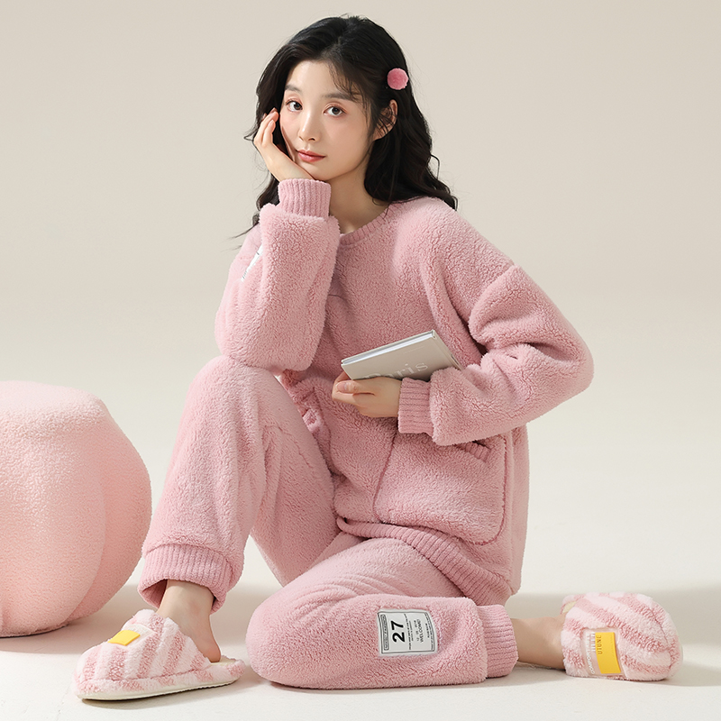 新款初子尼珊瑚绒睡衣女冬季加绒加厚法兰绒冬天可外穿家居服套装