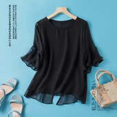 女夏季 真丝双层防晒黑色轻奢气质短上衣t恤桑蚕丝纯色休闲小衫 薄
