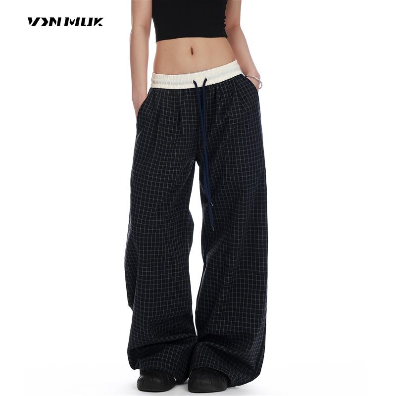 VINMUK美式格子松弛感休闲裤女夏季复古宽松直筒慵懒阔腿运动裤子